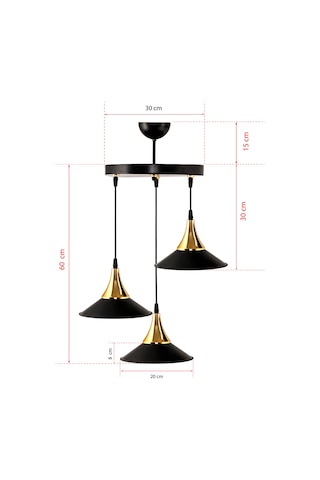 Dd Üçlü Embudo Tepsili Avize Gold Huni Japon Şapkalı Siyah3