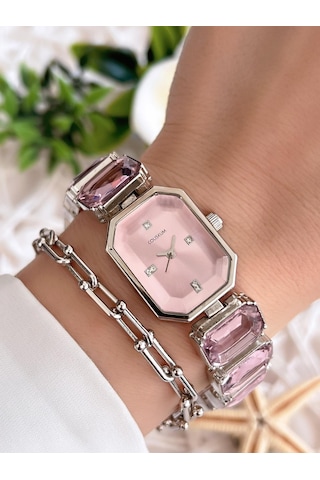 Coliseum Özel Tasarım Vintage Seri Taşlı Kordon Model Kadın Kol Saati+bileklik Hediyeli Cl8888.s06 Gümüş
