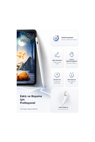 Exenar - Beyaz - İpad Uyumlu Tablet Kalemi Manyetik Stylus Pen Eğim Sensörlü Avuç İçi Engelleme Usb-c Şarjlı 1 Yedek Uç