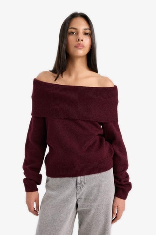 Defacto Regular Fit Omuzu Açık Kazak F3029ax25wnbr285 Bordo