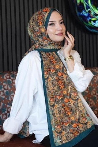 Etnik Çiçek Desen Yeşil Soft Pamuk Şal Açik Gri