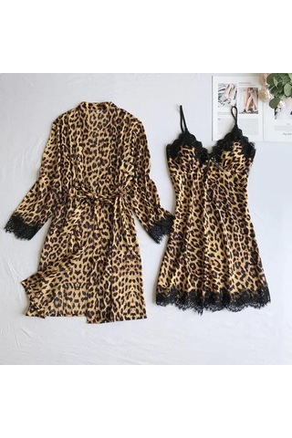 Kadın İpek Pijama Takımı Saten Gecelik Kadın Setleri V Yaka Kahverengi