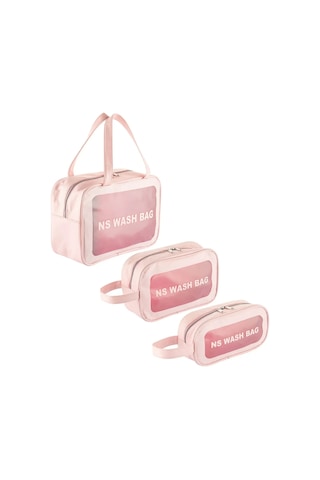 Şeffaf Seyahat Makyaj Kozmetik Çantası 3'lü Set Açık Pembe Açık Pembe