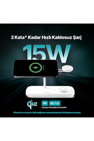 Ttec 2KS37B Aircharger Trio Pro Qi2/Magsafe Özellikli 15W Apple Uyumlu iPhone/Android Özellikli 3’Ü 1 Arada Şarj Standı