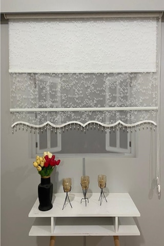 İncilifehome İcl4003b Çift Mekanizmalı Dal Desenli Tül Ve Stor Perde Kırık Beyaz Boncuklu Kırık Beyaz