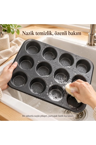 Tilbe Home 12 Gözlü Muffin Cupcake Kek Kalıbı, Karbon Çelik Çift Kat Yapışmaz Kaplamalı Fırın Tepsisi, Brownie, Kurabiye Ve Çörek İçin Porsiyonluk Piş Siyah