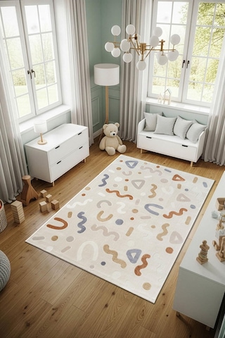 Cotto Kids Ck004r Krem Halı Renkli Şekil Desenli Kaymaz Taban Yumuşak Yıkanabilir Çocuk Odası Halısı