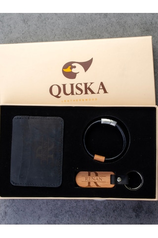 Quska Kişiye Özel İsimli El Yapımı Hakiki Deri Siyah Kartlık+anahtarlık+bileklik Set - Grain Minimal Siyah