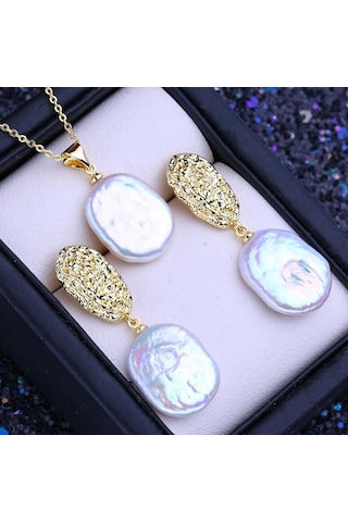 Lsooyh Doğal Tatlısu 12-16mm Büyük Barok Inci Takı Setleri Basit Kolye Kolye Gelin Düğün Damla Küpe Kadınlar Için Moda Hediyeler Altın