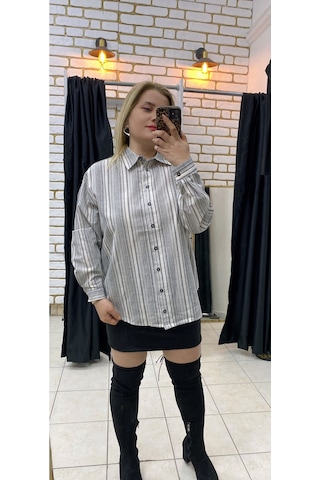 Tuba Toptaş Çizgili Poplin Gömlek Gri