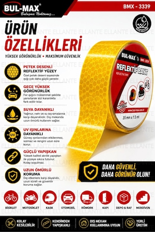 Sarı Reflektif Bant 3,5 Cm X 1.5 Metre Kendinden Yapışkanlı Gece Görünürlük Güvenlik Bandı Bisiklet