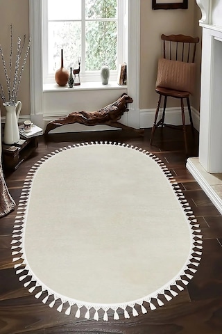 Valeryhome Vl Comfort Düz Saçaklı Peluş Düz Yolluk Ekru Oval Ekru Ponpon