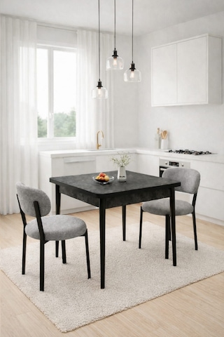 Renlife Ahşap Mutfak Masası Takımı Metal Ayaklı 2 Adet Antrasit Sandalye 70x70 Masa 2gri Aris Antrasit - Gri Vivo