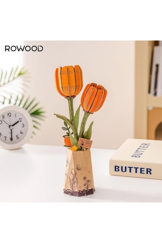 Rowood Tw081 Lale Çiçeği Orange Tulip Dıy Minyatür Maket Model Seti Ahşap 3d Wooden Puzzle 3d Model Kit Ahşap Maket Dekoratif Hobi Seti