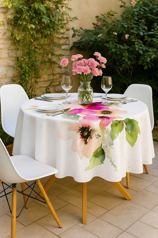 Yuvarlak Pastel Çiçek Desenli Duck Kumaş Masa Örtüsü 150x150 Cm - Seçenek: 7 Çok Renkli