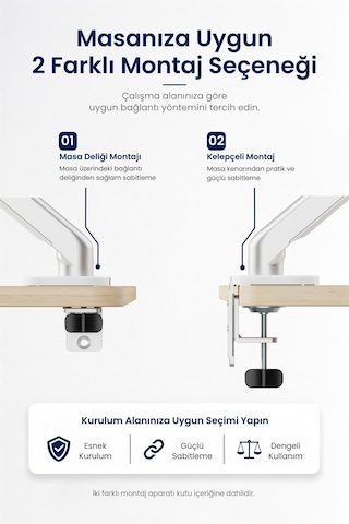 17-34" Lynx Series Gaz Pistonlu Monitör Kolu 10 Kg Kaldırma Vesa Uyumlu Stand Silver