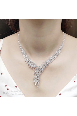Ehediye Chavin Düğün Nişan Kına Damla Taşlı Kadın Kolye Küpe Set Eg89 Beyaz