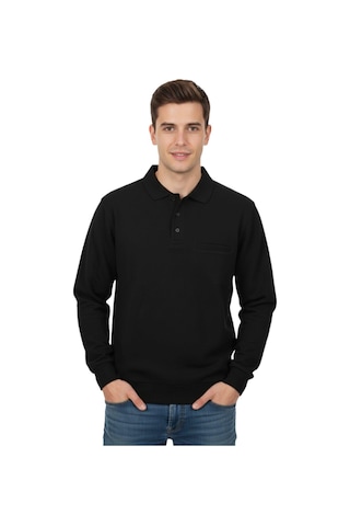 Baglan Erkek Büyük Beden Polo Yaka Cepli Selanik Sweatshirt Bgl-st04978 Siyah