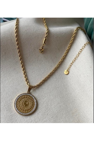 Tesbihane Gold Renk Beyaz Zirkon Taş Süslemeli Reşat Altın Beşi Bir Yerde Tasarım Çelik Kadın Kolye Altın