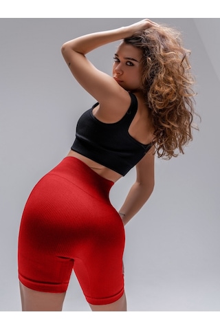 Mistirik Dublin Model Yüksek Bel Fitilli Seamless Biker Şort Kırmızı Renk027 Kırmızı