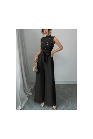 Butik İstanbul Kadın Balıkçı Yaka Kolsuz Incili Beli Kuşaklı Uzun Janjan Tulum Kırmızı