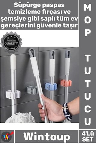 Askı Duvar Askısı Banyo Düzenleyici Süpürge Askısı Pratik Paspas Şık Yapışkanlı Mop Tutucu 4'lü Set Çok Renkli