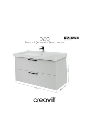 Creavit D20 100 Cm İki Çekmeceli Lavabo Dolabı Beyaz Melamin Kapak Demonte Beyaz