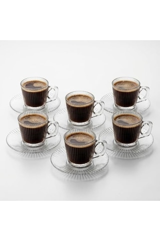 Tr 6'li Cam Kahve Fincanı Seti Çizgili Desenli Şeffaf Fincan Ve Tabak Takımı 8 Cm Espresso Türk Kahvesi Sunum Seti Genel