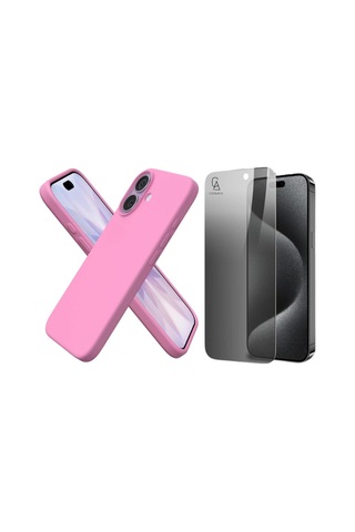 Apple Uyumlu iPhone 17 Içi Kadife Lansman Kılıf Ve Hayalet Privacy Tam Kaplayan Cam Ekran Koruyucu Açık Pembe
