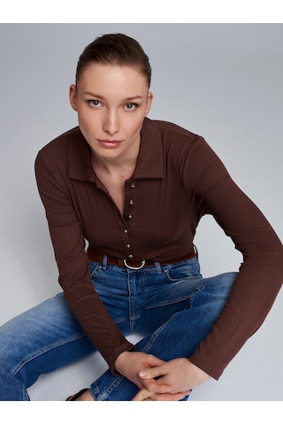 Dilvin 32671 Düğme Detaylı Polo Yaka Top-açık Kahve Açık Kahverengi