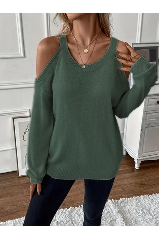 Kadın Uzun Kollu Omuzlardan Açık Askılı Yuvarlak Yaka Triko Bluz Yeşil