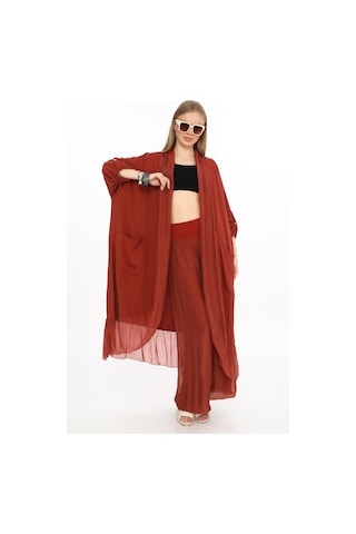 Bohem Stil Itayan Ipek Detaylı Oversize Kaftan- Pantolon Takım-9214 Bordo