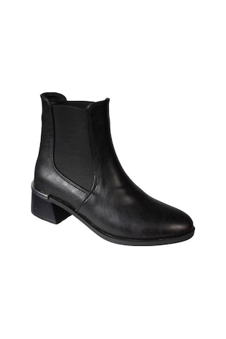 Yazkış Ayakkabı Yazkış Kadın Siyah Cilt Yanları Lastikli 4cm Kalın Topuk 14cm Bilek Boyu Düz Taban Bot Siyah