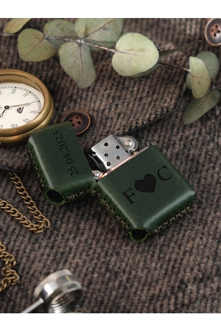 Vagave Yeşil Renk Hakiki Deri Kılıflı Zippo Benzinli Çakmak