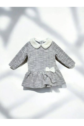 Çikoby Kız Bebek Peluş Detaylı Desenli Elbise-14889 Gri