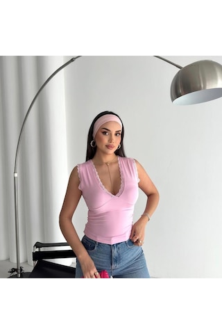 Kadın Derin V Yaka Dantel Detaylı Slim Fit Bluz Kolsuz Şık Kadın Bluz Pembe