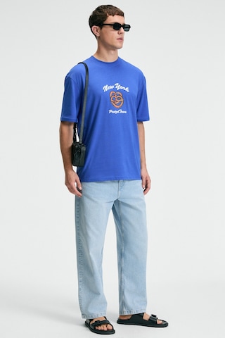 Grimelange CRISP Erkek Oversize %100 Pamuk Baskılı Yuvarlak Yaka Saks Mavi T-Shirt