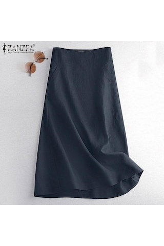 Fastbuy Bayan Yaz Fermuarlı Pamuk Etek - Keten Karışımı, Bej Renk Bej