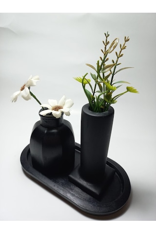 Tabaklı Dekoratif İkili Vazo Set Siyah Siyah