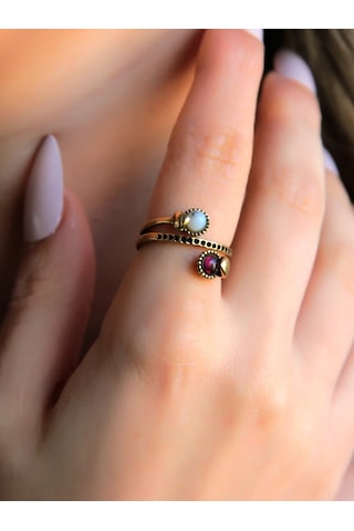 İkili 3mm Doğal Taşlı Antik Kadın Yüzük Dentirit Opal Granat Lal Taşı Euy32og Kırmızı