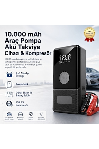 10.000 Mah Araç Akü Takviye Cihazı & Kompresör 150 Psı Dijital Ekran Jump Starter Powerbank Led Fener-1624