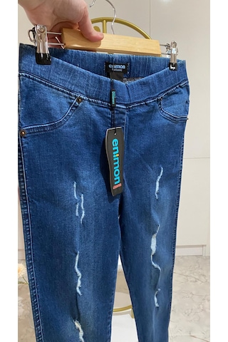 Lazerli Yırtık Denim Tayt Pantolon Açık Lacivert