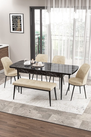 Canisa Concept Zen Serisi 80x132 Mdf Açılabilir Siyah Mermer Desen Masa Takımı 4 Krem Sandalye Ve 1 Bench Masa Siyah Mermer Sandalye Ve Bench Krem
