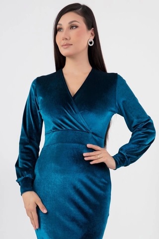 Defymoda Kadın Kadife Kumaş Manşetli V Yaka Şık Kalem Elbise Mavi
