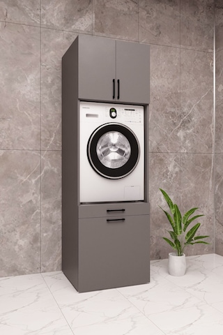 Mdf Çamaşır Makinesi Dolabı Sepetli Antrasit