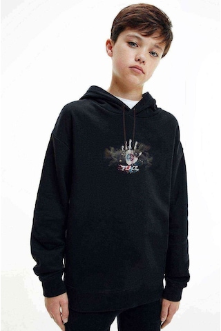 Peace El Baskılı Unisex Çocuk Kapüşonlu Siyah Sweatshirt Siyah