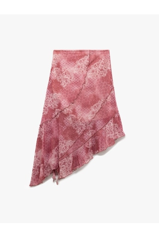 Koton Asimetrik Katlı Slim Fit Tül Midi Etek Pembe Desenli 5sal70093ık Pembe Desenli Çok Renkli