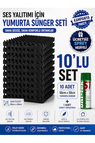Akustik Yumurta Sünger 60dns Yanmaz 50cmx50cm 25mm 10adet + 1 Sprey Yapıştırıcı F3022