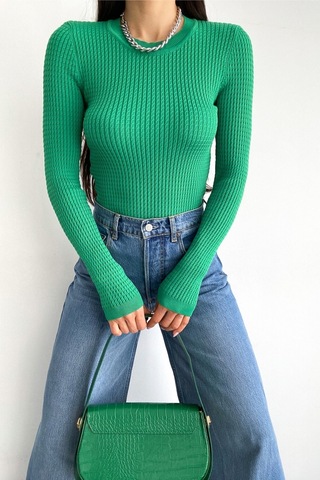 Femelle Kadın Koyu Yeşil Standart Beden Basic Fitilli Örme Bluz
