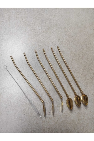 6'lı Paslanmaz Krom Pipetli Kokteyl Bar Kaşığı Ve Temizleme Fırçası, Pipetli Latte Kaşığı 22 Cm - Altınsarı